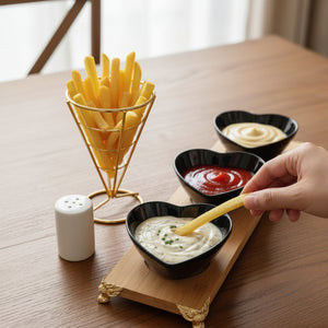 Gemelli Collections three heart-shaped black ceramic bowls with bamboo tray serving set for snacks dips sauces condiments and appetizers.