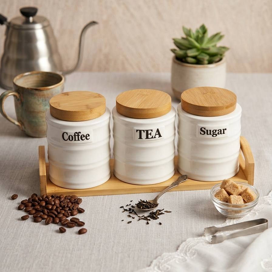 Gemelli Collection round shape ceramic canister used for tea and sugar storage in a modern kitchen