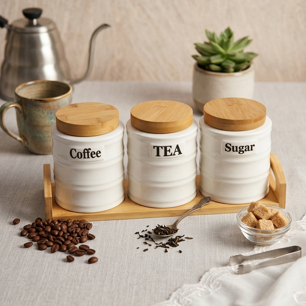 Gemelli Collection round shape ceramic canister used for tea and sugar storage in a modern kitchen
