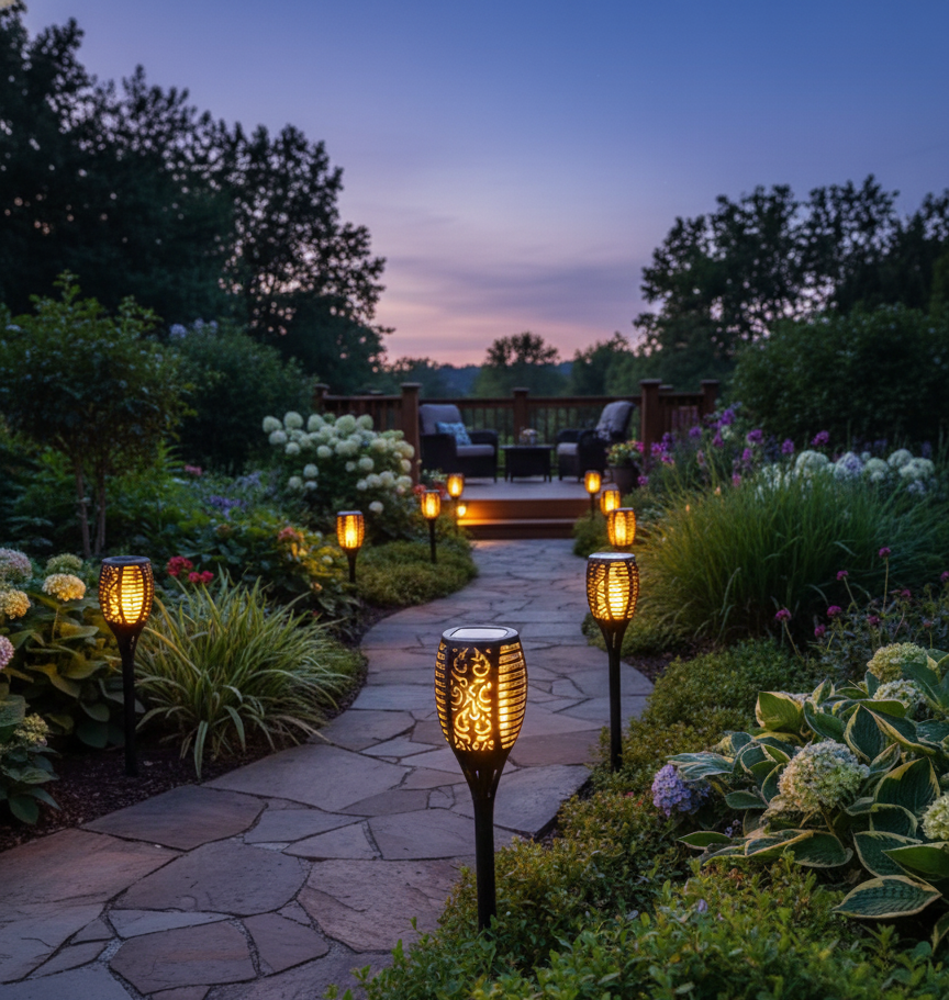 Gemelli Collections Solar Flame Light illuminating garden path with realistic flickering flame effect.