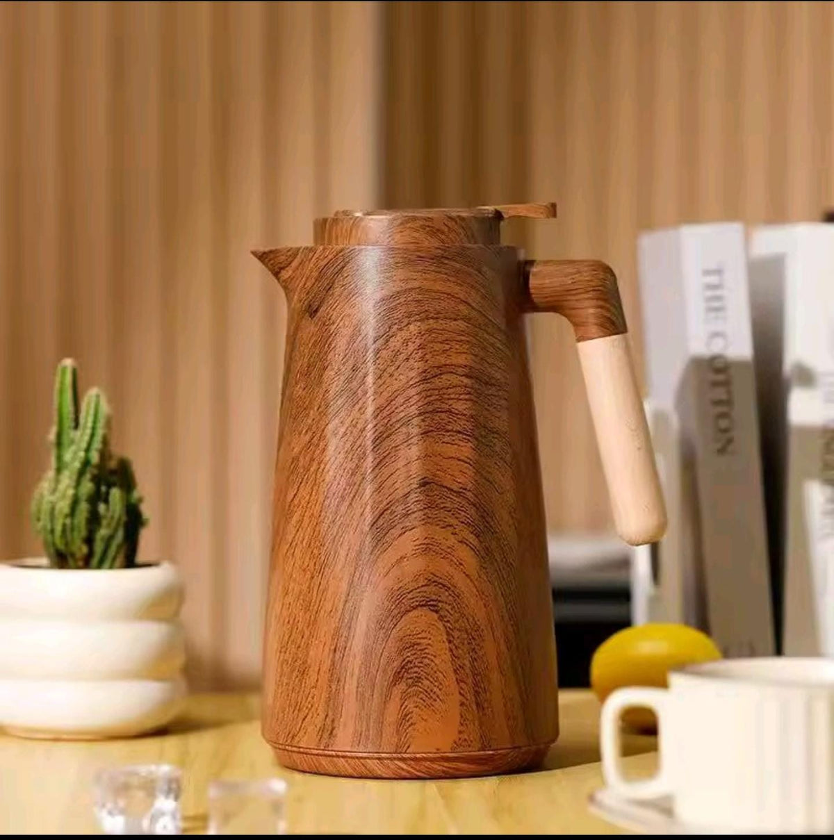 Nordic Style Double-Wall Insulated Vacuum Flask with Wooden Handle – 1 Litre