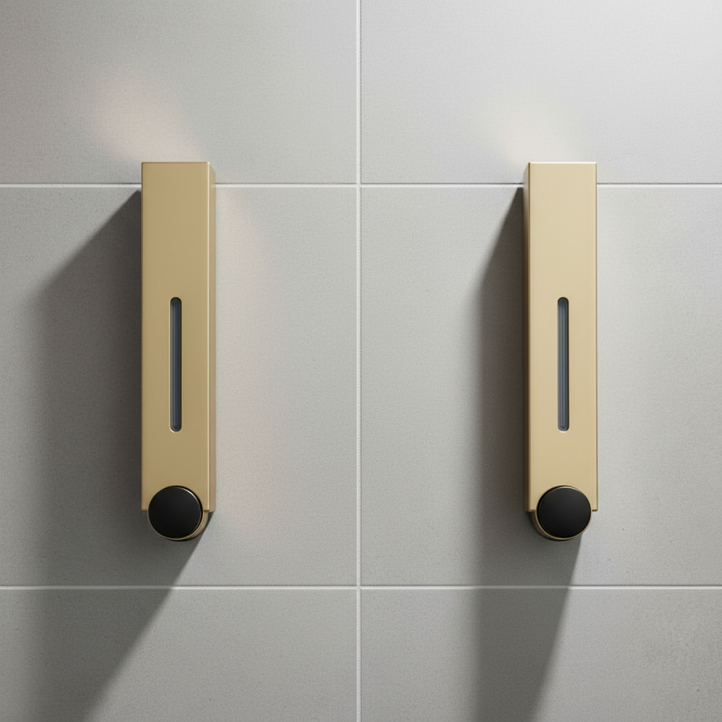 Wall mounted soap dispenser in silver, gold, and black for kitchen or bathroom use