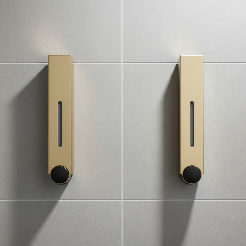 Wall mounted soap dispenser in silver, gold, and black for kitchen or bathroom use