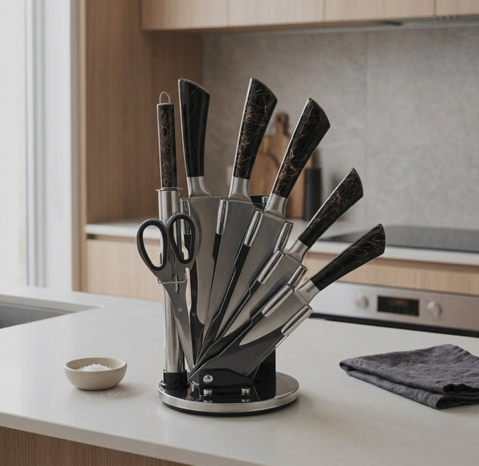 Gemelli Collections 8 piece kitchen knife set with stainless steel rotating stand available in Grey Black and Coffee.