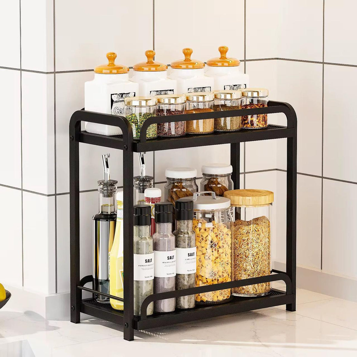 Free standing kitchen storage cabinet organizer in Black and White for countertop or cabinet use