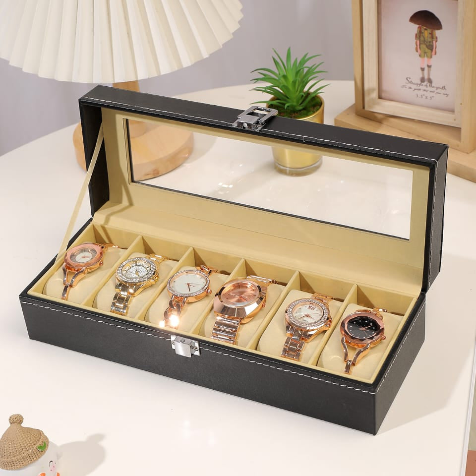 6 Slot Leather Watch Organizer Jewelry Storage Case with Lock