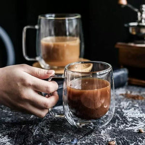 350ml double-walled borosilicate glass mug suitable for hot and cold beverages with heat-resistant glass construction from -20°C to 150°C