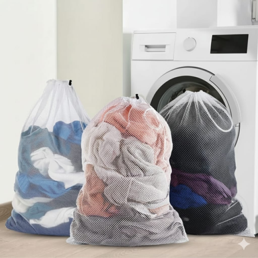 3PC Large Mesh Laundry Basket Set, 60×90 cm, Drawstring Closure, Durable and Breathable Laundry Storage