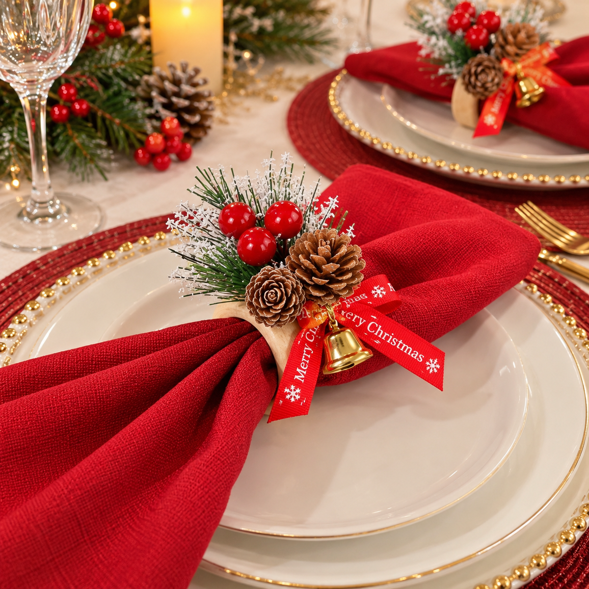 6 Pieces Christmas Cedar Wooden Napkin Rings with Red Fruit, Bow and Bell