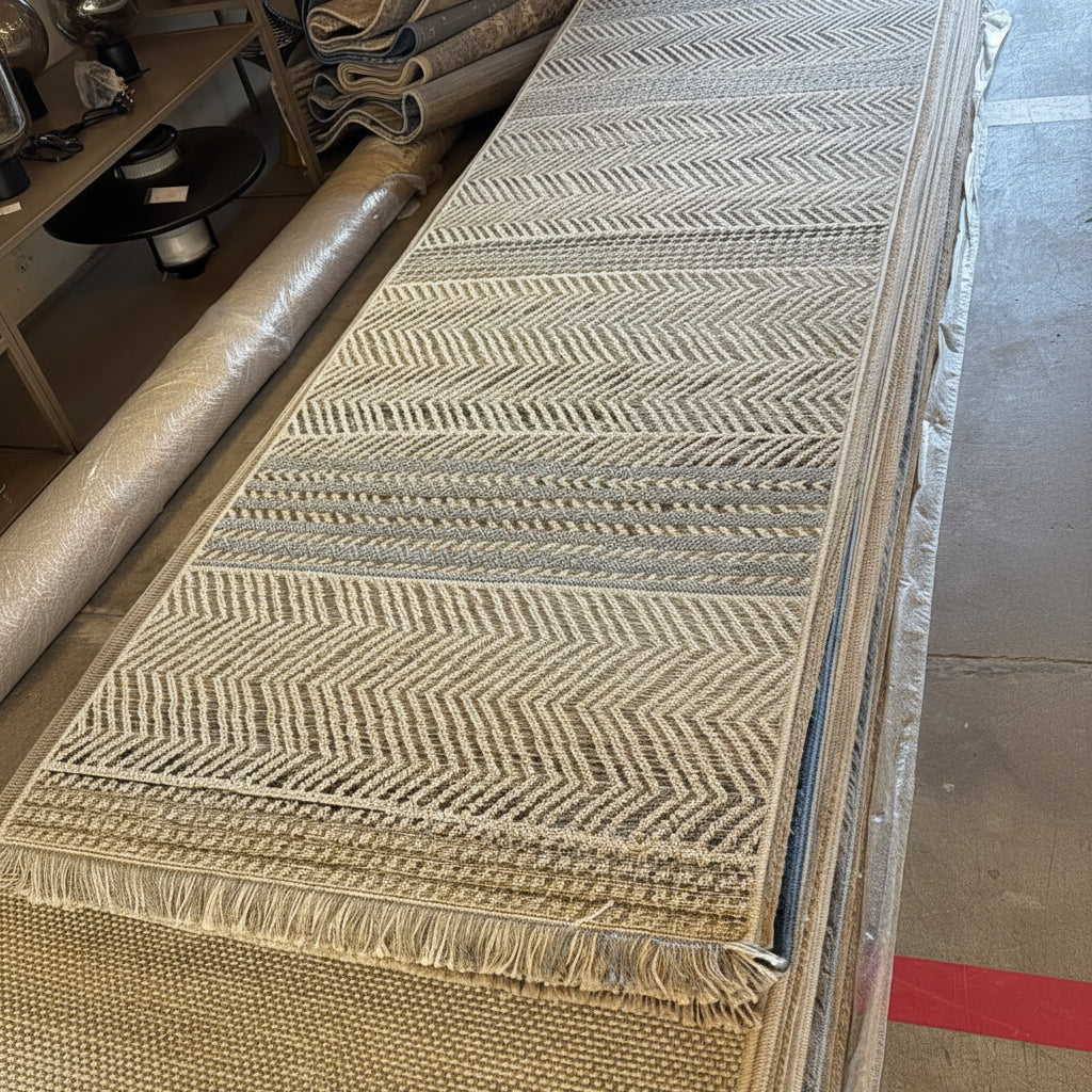 Gemelli Collection Oriental Weavers Kemet #8 beige grey chevron herringbone corridor runner rug with tribal border and fringe