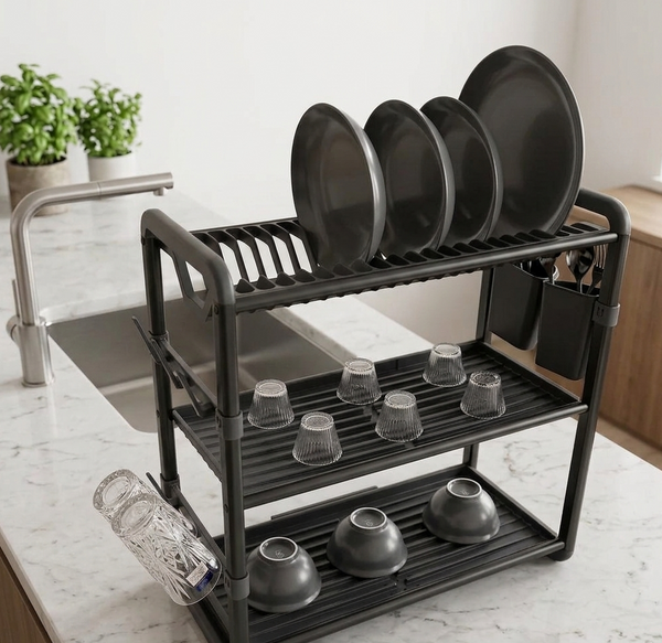 3-tier aluminium dish drying rack with utensil holder and cup holder for kitchen countertop organization and drying