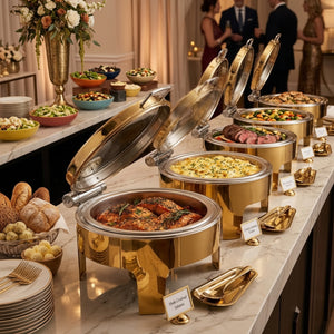 Gemelli Collections stainless steel chafing dish food warmer buffet server with durable construction and elegant design for catering events hotels restaurants weddings parties and professional food presentation