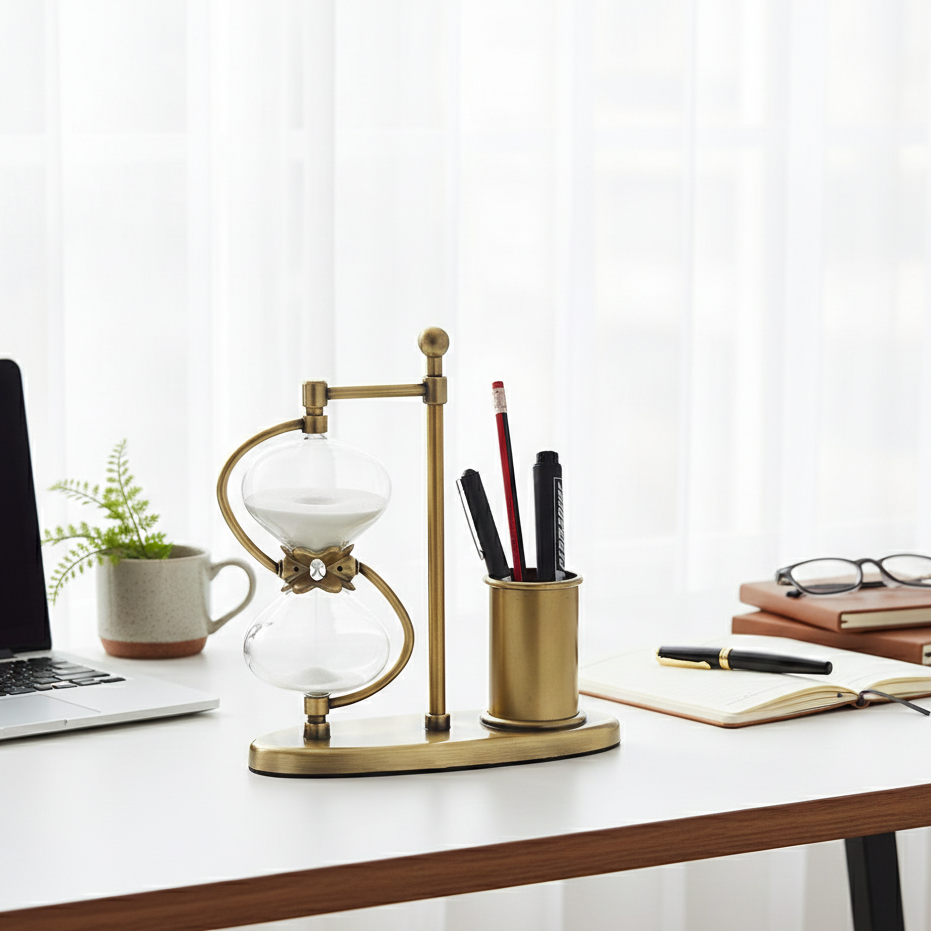 30-Minute rotating hourglass with brass pen holder displayed on a modern office desk.