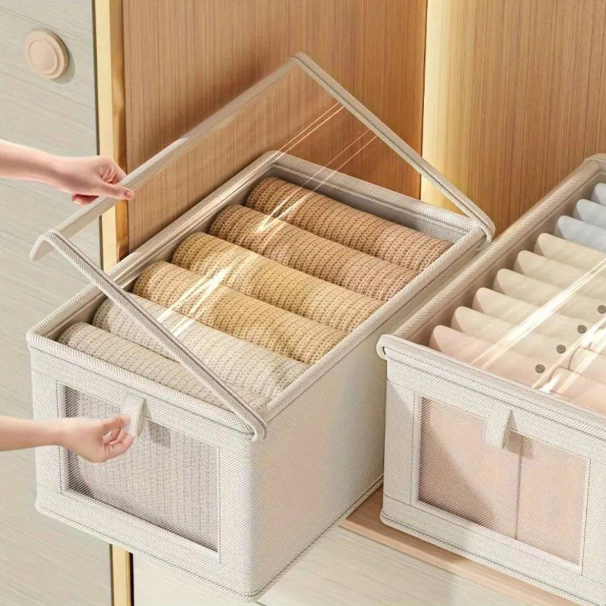 Foldable canvas storage box with clear window measuring 40cm x 25cm x 20cm for organising clothes, bedding, accessories, and household items in wardrobes and closets