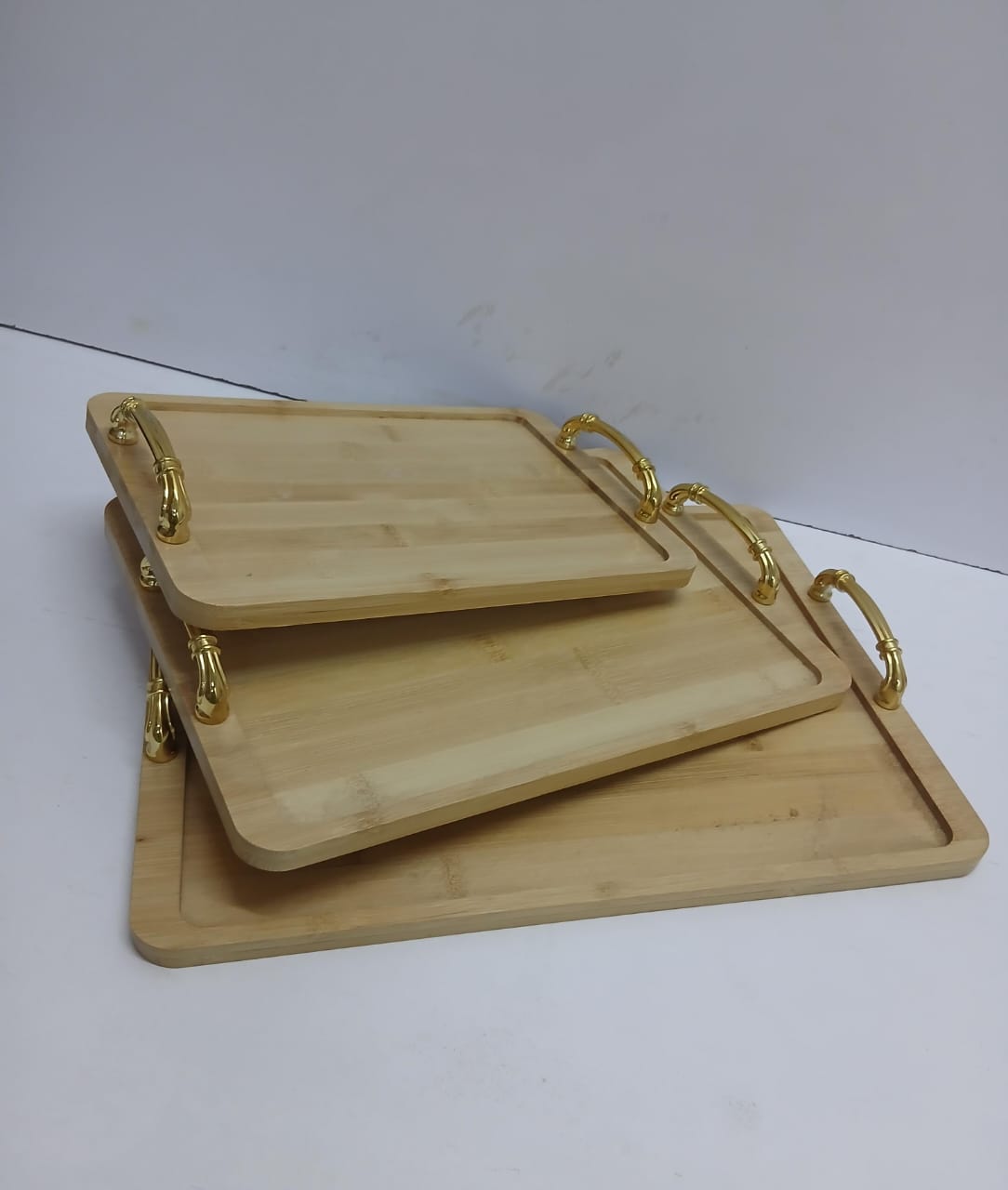 3-in-1 Bamboo Serving Tray Set with Gold Handles