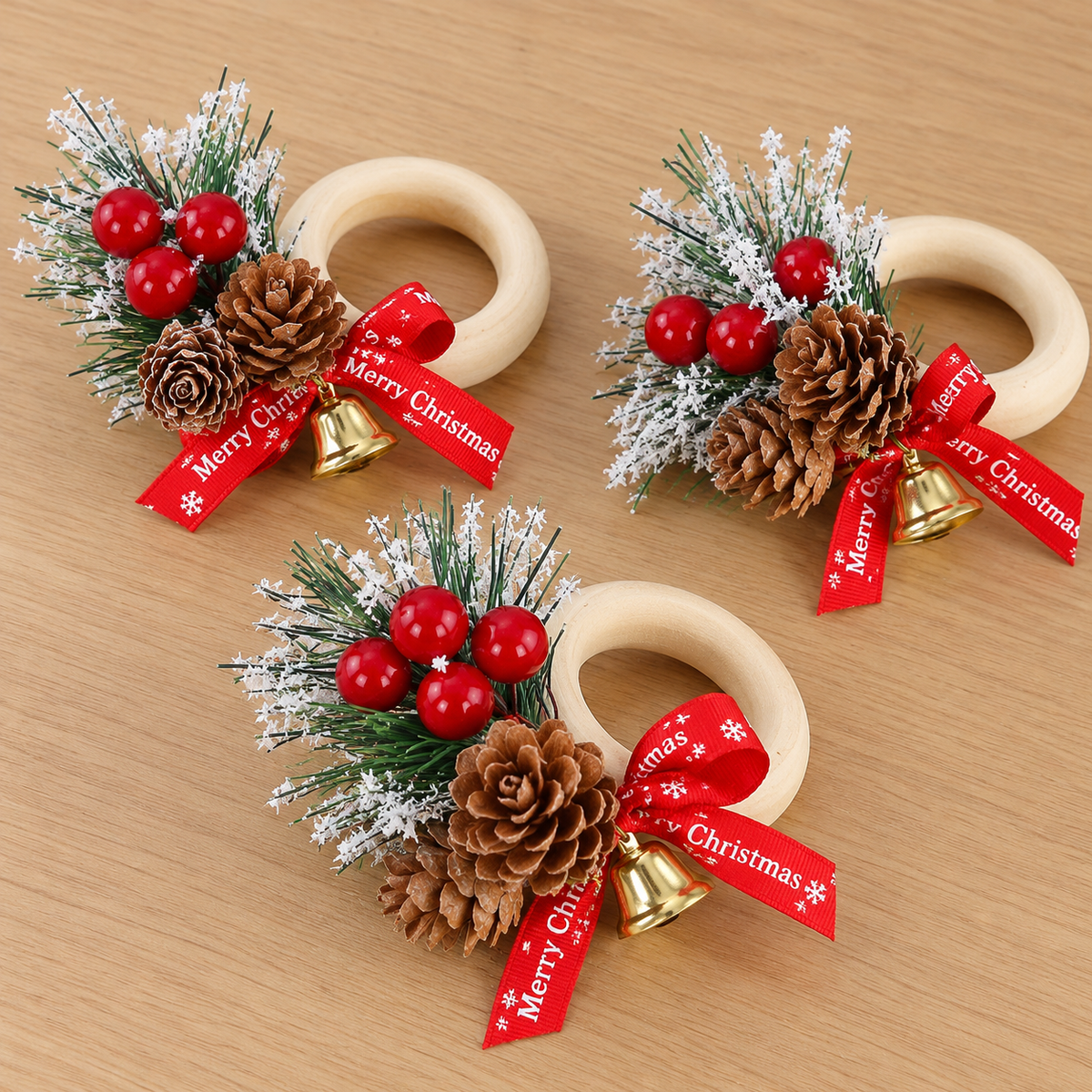6 Pieces Christmas Cedar Wooden Napkin Rings with Red Fruit, Bow and Bell