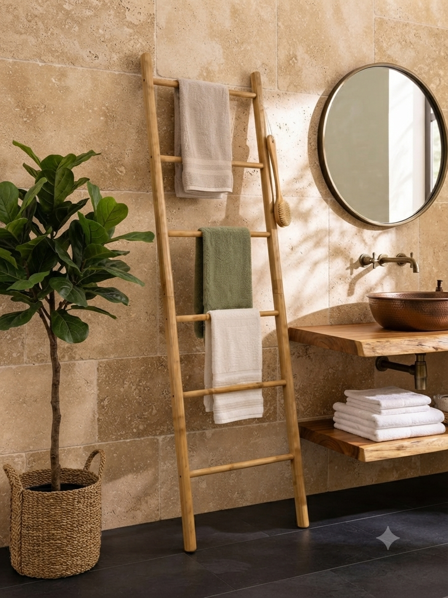 Gemelli Collections bamboo ladder towel rack with multiple levels for hanging towels, measuring 182.5cm x 50cm x 3.5cm.