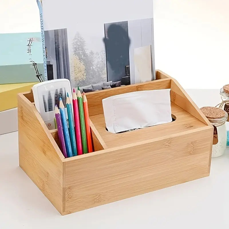 Bamboo Desktop Organizer and Tissue Box – Storage Holder for Tissues, Stationery, Remotes, and Accessories