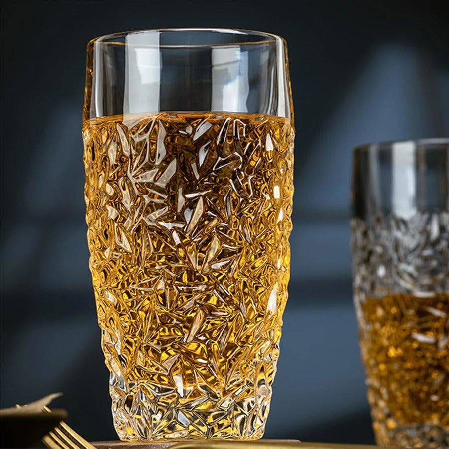Crystal style clear glass tumbler with textured heat resistant design for serving water juice soft drinks and other beverages.
