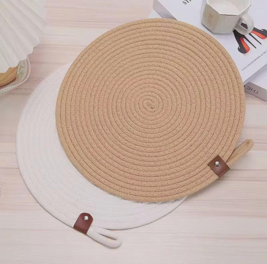 6 piece eco friendly cotton rope woven table mat set in beige and grey with heat resistant non slip design for dining table protection and décor.