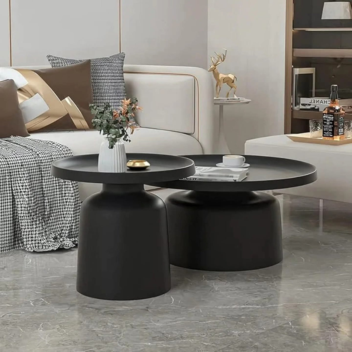 Gemelli Colllection 2 in 1 fully metallic coffee table modern luxury nesting table set glossy metallic top living room side table contemporary home office furniture white black base tables
