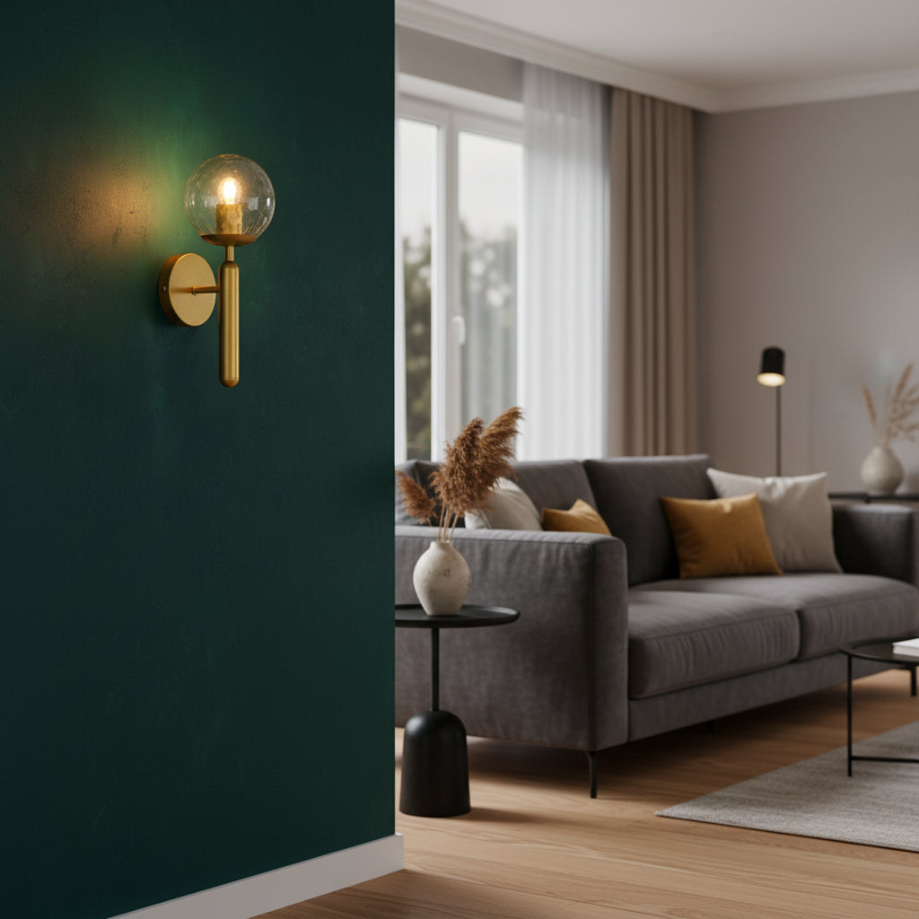 Golden and clear glass wall lamp with iron frame, modern E27 indoor lighting fixture