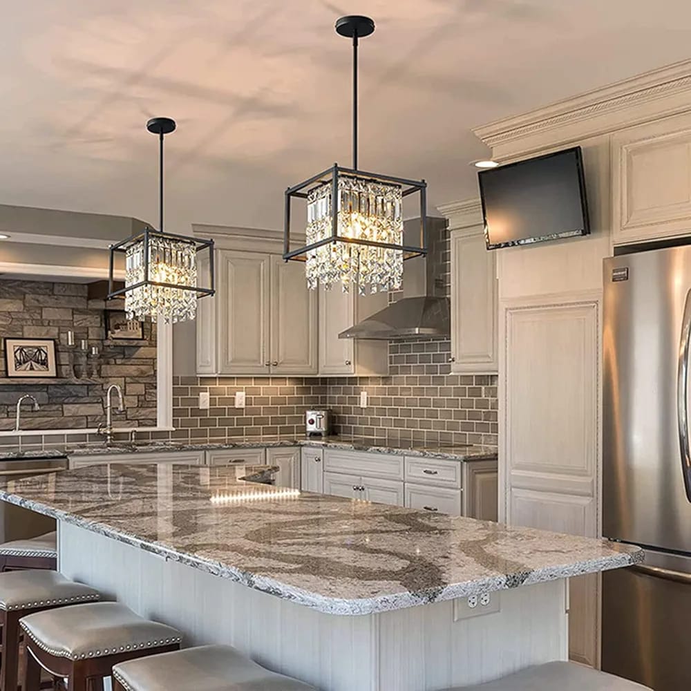 Square crystal cage pendant light with black metal frame and cascading crystal strands for kitchen island and entryway lighting
