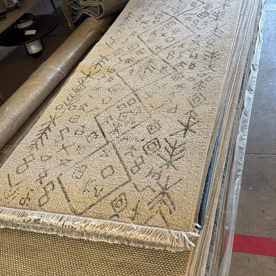 Gemelli Collection Oriental Weavers Kemet #5 beige Moroccan tribal corridor runner rug with black Berber symbols, jute-look texture and fringe