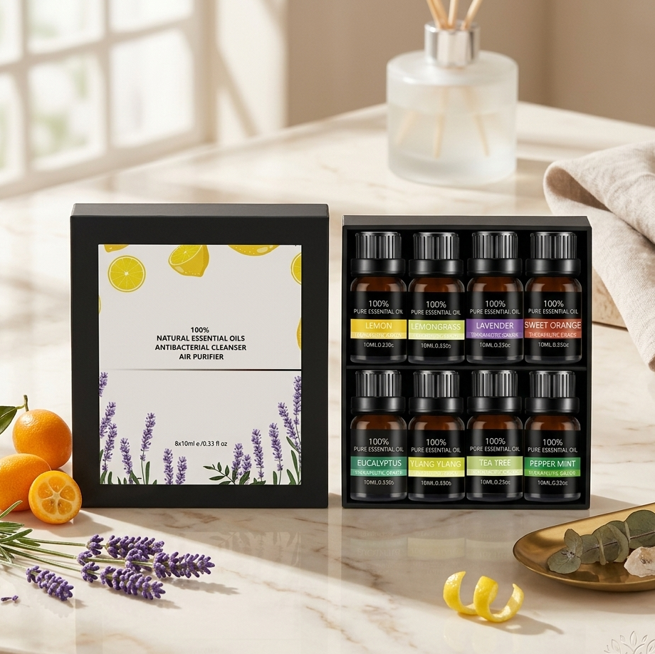 Gemelli Colllection 8-piece 100% pure natural aromatherapy essential oils set 10 ml each lavender orange peppermint lemon sandalwood eucalyptus