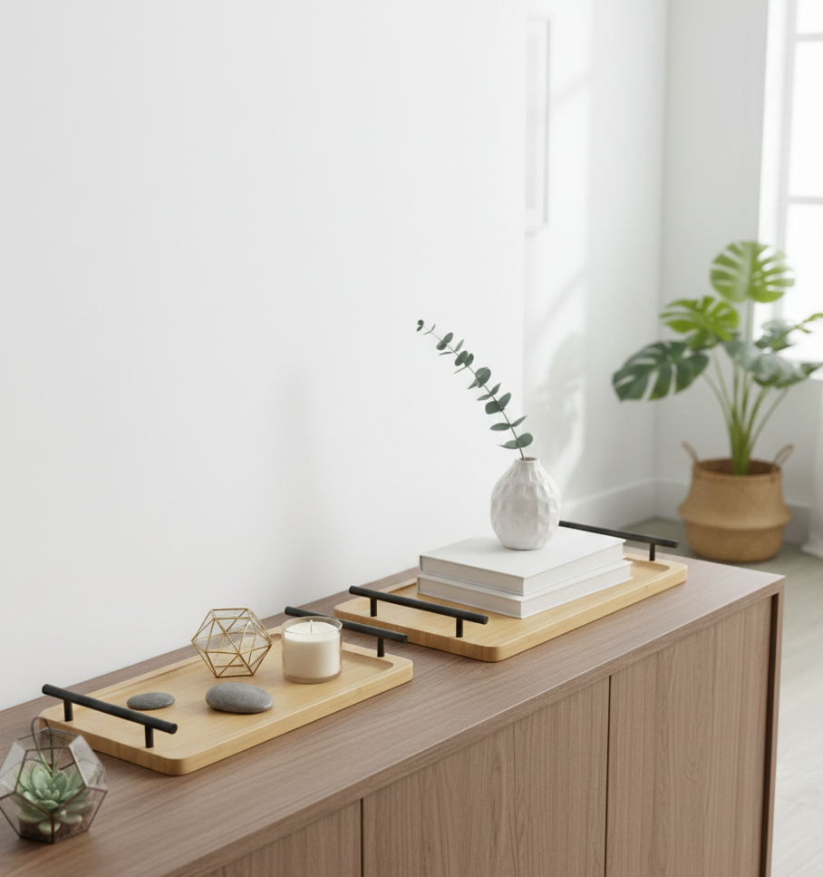 3-in-1 bamboo serving tray with black metallic handle, multifunctional tray for serving, organizing, and home décor.