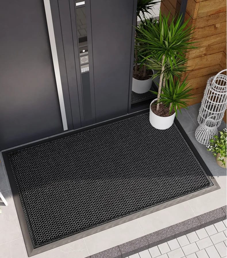 Non-slip heavy rubber doormat measuring 45cm x 75cm in black grey and blue with comfortable underfoot feel for entryway floor protection