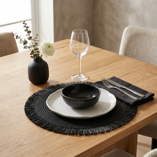 Gemelli Colllection braided table mats set of 6 heat resistant placemats black brown 38cm dining table décor