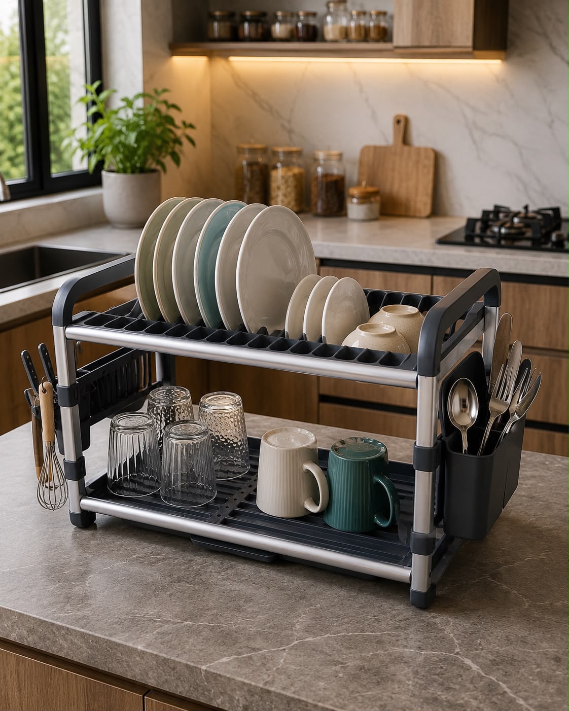 2-tier aluminium dish drainer with hard plastic components rust-resistant kitchen drying rack for plates bowls cups and utensils available in gold and silver 60.9x34.2x26.7cm.