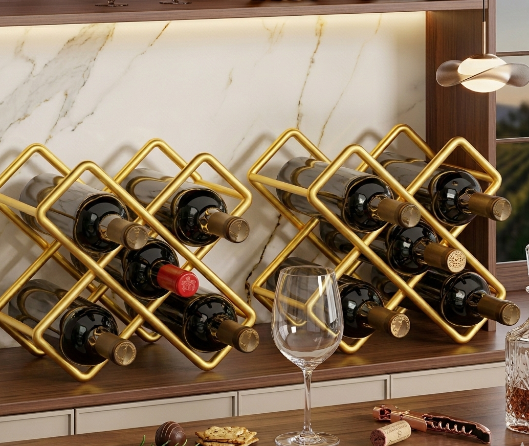 Gold geometric metal 5 bottle wine holder rack size 30x30x17cm freestanding design