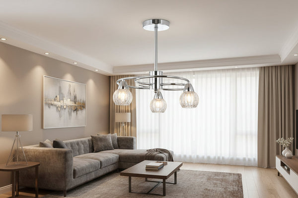 Silver and white circular ceiling light with three E14 bulbs and crystal-style glass drops for indoor decorative lighting