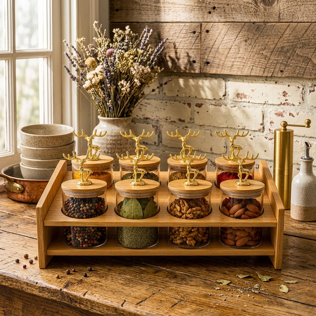 exquisite 8 piece kitchen spice rack set with natural bamboo stand and eight 300ml spice jars countertop organiser for herbs spices seasonings and condiments