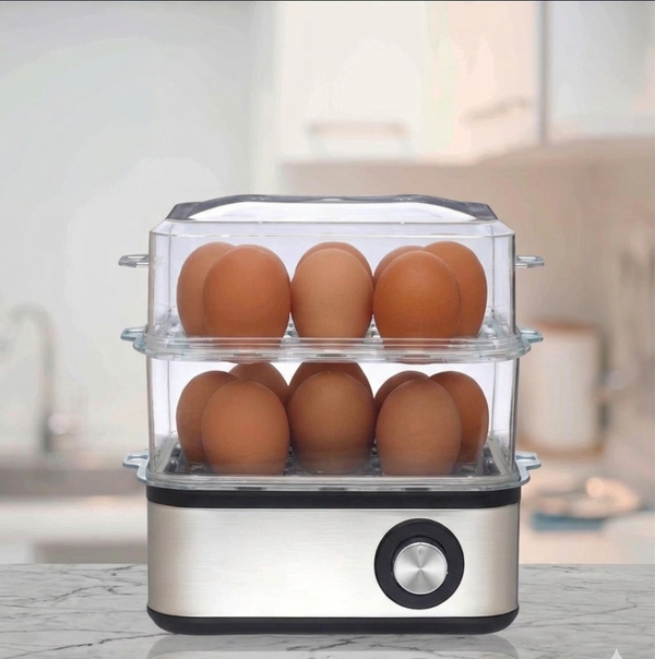 Two tier electric egg boiler for 16 eggs with 500W power and energy saving design.