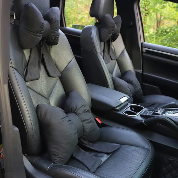 Bow Car Seat Cushion Set – Soft Ergonomic Breathable Car Interior Seat Covers in Black Maroon Pink and Purple