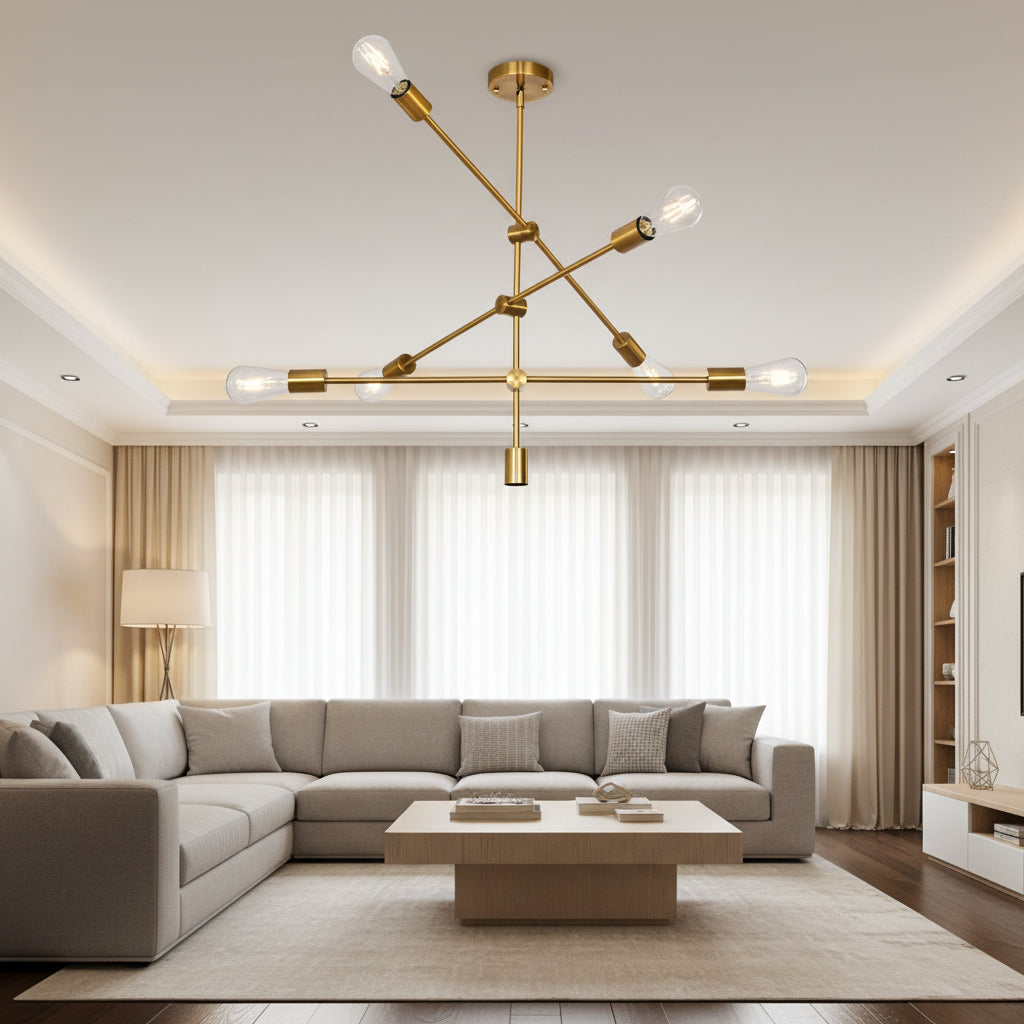 Brass 8-light Sputnik chandelier with starburst arms and exposed Edison bulbs in a mid-century modern semi-flush ceiling design.