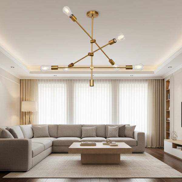 Brass 8-light Sputnik chandelier with starburst arms and exposed Edison bulbs in a mid-century modern semi-flush ceiling design.
