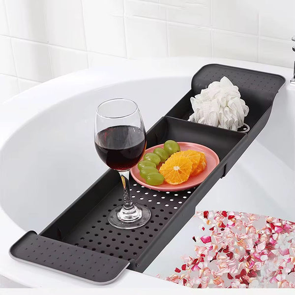Gemelli Collection black expandable bathtub caddy tray for home spa and bath organization