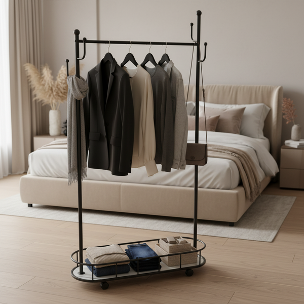 Clothes Rack With Marble Basket And Wheels
