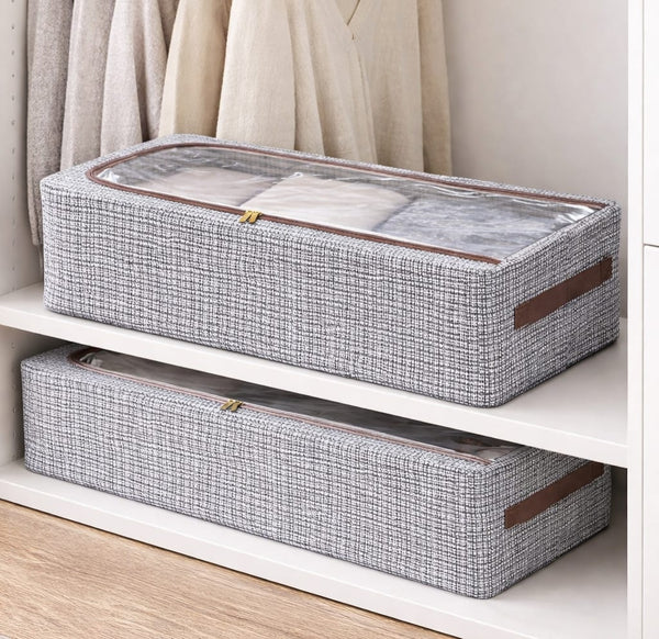 Large-capacity foldable wardrobe storage organizer with clear window and zipper closure for storing clothes, innerwear, bedding, and household items