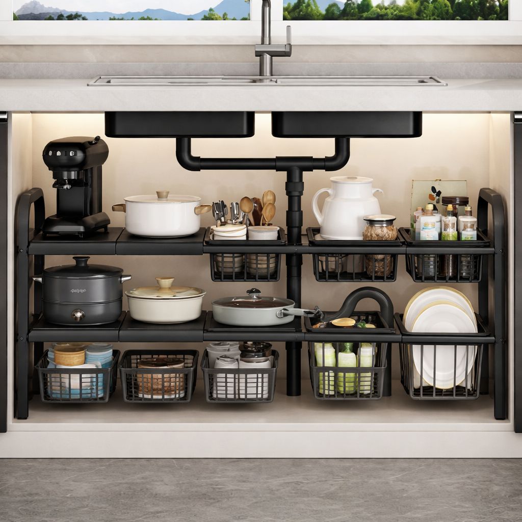Gemelli Colllection expandable under sink organizer with 5 baskets multi tier kitchen storage rack adjustable cabinet organiser