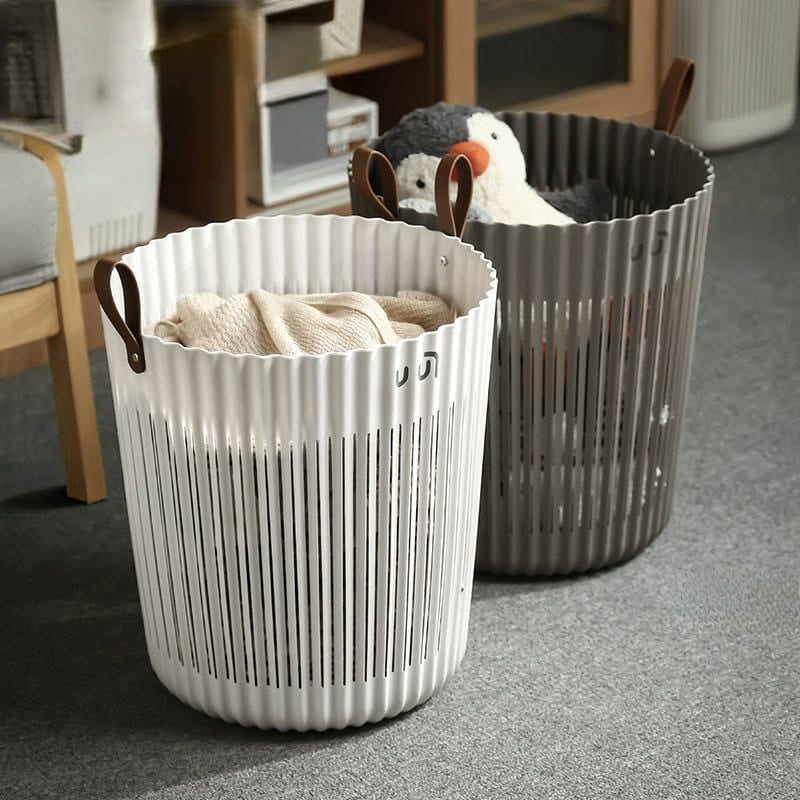 stackable laundry storage basket high density PA and PE organiser with ventilated handles for laundry clothes blankets toys books cosmetics toiletries and household storage available in grey and off white.