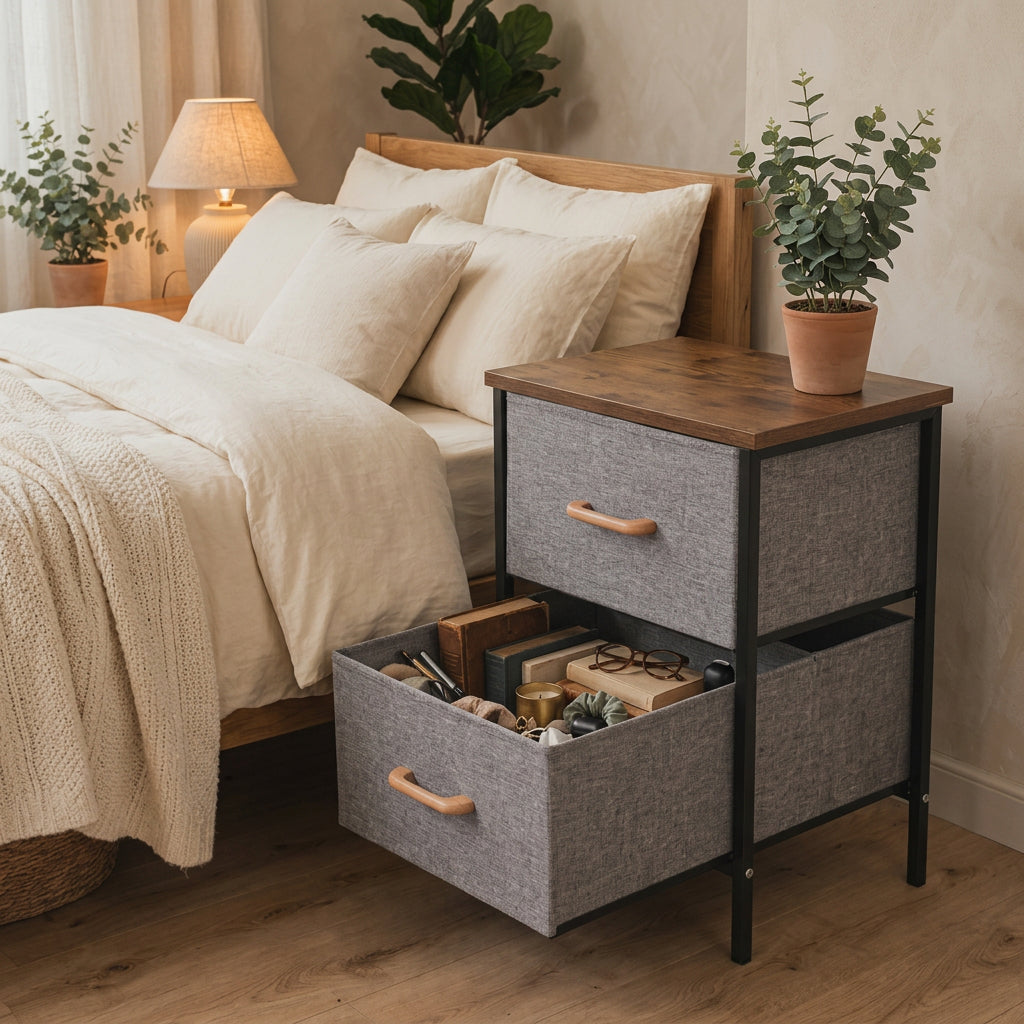 2-Drawer Fabric Bedside Storage Cabinet with Wooden Top
