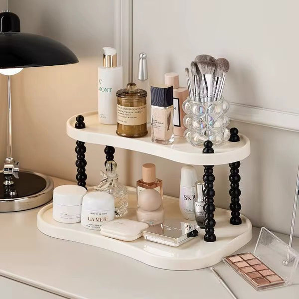 Plastic double tier multipurpose storage rack for kitchen, bathroom, or office organization