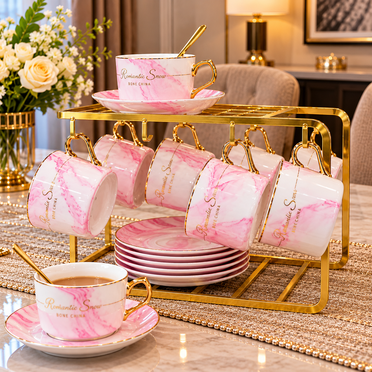 19-Piece Pink and Grey Marble Tea Set with Gold Rack