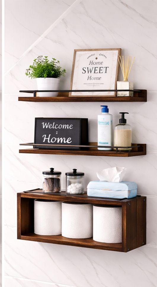 Gemelli Colllection solid pine wood bathroom floating shelves 3 tier wall mounted storage shelf 40cm wooden wall shelves with metal frame white gold black gold white black brown black bathroom organiser kitchen storage shelf modern floating wall rack home décor storage solution rustic wooden display shelves