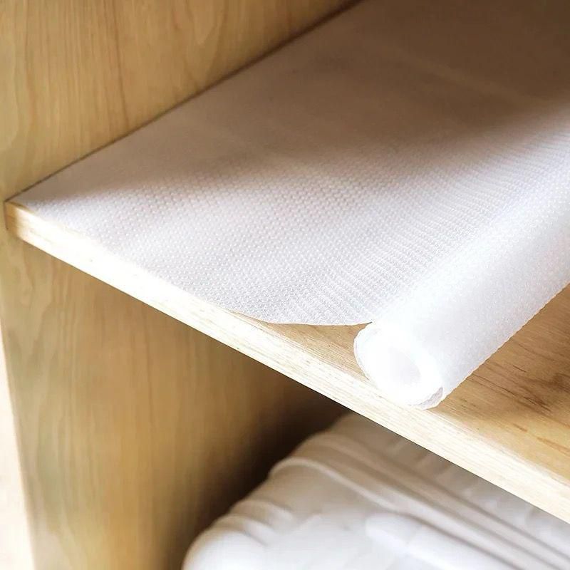 Clear cupboard shelf liner mat measuring 50cm x 150cm with oil-proof and moisture-resistant design for protecting shelves, drawers, and storage cabinets